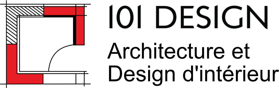 Logo de 101Design en noir et rouge avec le nom de l'entreprise et la mention "Architecture et design d'intérieur".